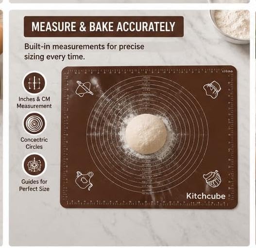 Silicone Baking Mat for Rolling Dough – Non Stick Pastry Mat with Measurement Guide for Fondant, Pizza, Bread, Pie Crust, Cookies & Baking – Reusable Food Grade Silicone Bake Mat Brown