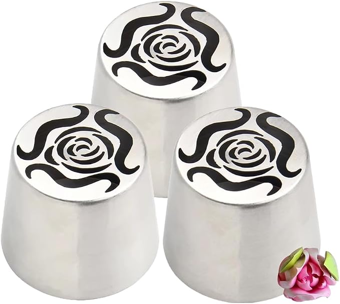 Stainless Steel Rose Flower Decorative Nozzle Russian Marshmallow Piping Nozzle DIY Baking Cake Decoration Piping Cream Tools (3Pcs)