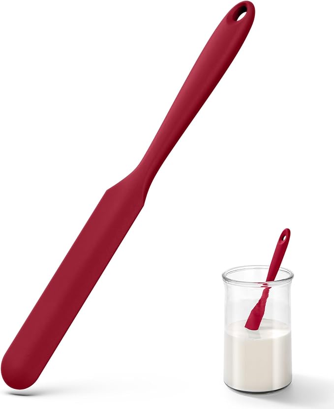 U-Taste Skinny Silicone Jar Spatula: 600ºF Heat-Resistant Food-Grade 10in Long Narrow Sourdough Stirring Stick, Seamless Flexible Peanut Butter Spreader for Scraping Icing Bread Cream, Jam (Red)