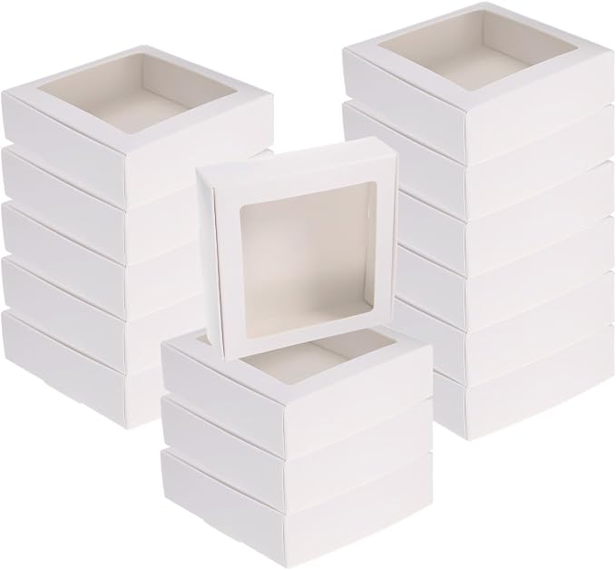 uxcell 20Pcs Kraft Soap Boxes, 4.1 x 4.1 x 1.2Inch Mini Kraft Treat Box with Clear Window for Candy Cookie Gift Party Festival Favor Treats Packaging (White)
