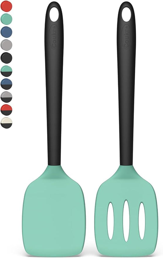 Coukre 2 Pack Silicone Spatula Set, High Heat Resistant, BPA Free Kitchen Spatula, Solid & Slotted Turner for Non-Stick Pans, Sautéing, and Flipping (2, AquaGreen)