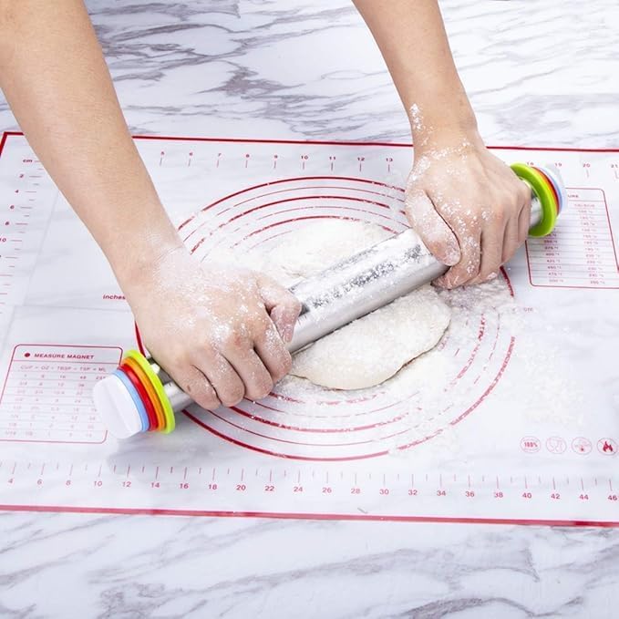 17'' Multi-Purpose Rolling Pin - Stainless Steel, Adjustable Thickness for All Dough Types & Measurement Scales, Ideal for Dough & Pizza Crust(Red Mat)