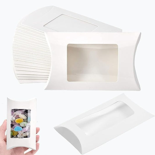50 Pcs Pillow Gift Boxes with Windows,Kraft Paper Mini Pillow Packaging Box, Creative Favor Box Folding Treat Boxes with Clear Window for Bakery Candy Chocolate Jewelry Display Wedding Party (White)