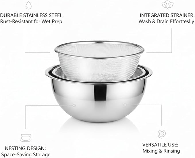 Stainless Steel Mixing Bowl Set with Nested Strainer, 2-in-1 Prep Basin for Washing, Draining, and Mixing