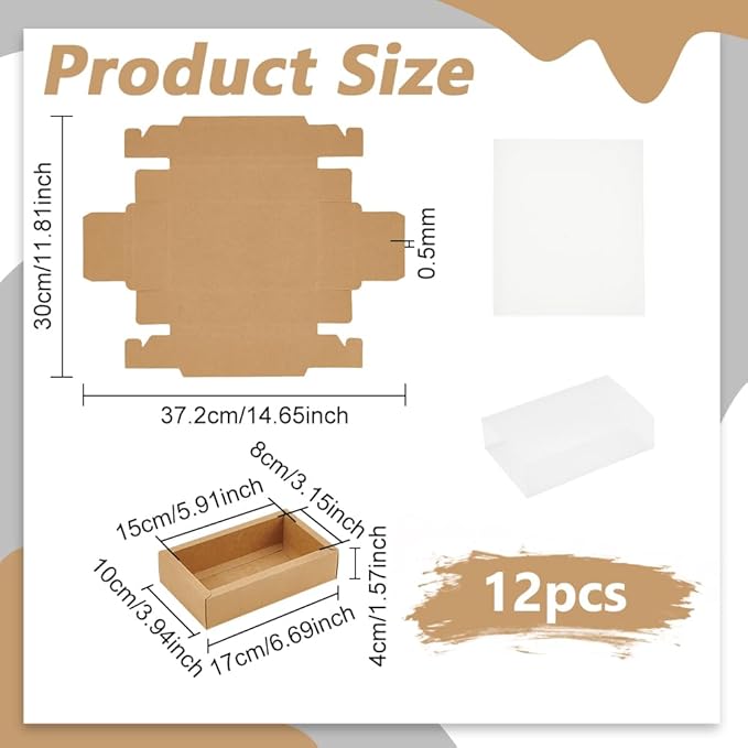 BENECREAT 12Packs Large Rectangle Brown Kraft Boxes Heavy Duty Gift Box with Clear PVC Windows 5.9x3x1.5 for Party Favor Treats, Bakery, Jewelry, Wedding Gift Packaging