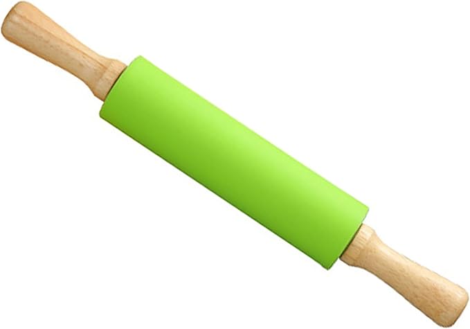 Silicone Rolling Pin, Green 11.4 Inch Pin with Wooden Rotatable Handle for Dough of Baking Bread, Cookie, Pizza (green, 9 inch) (green, 11.4 inch)