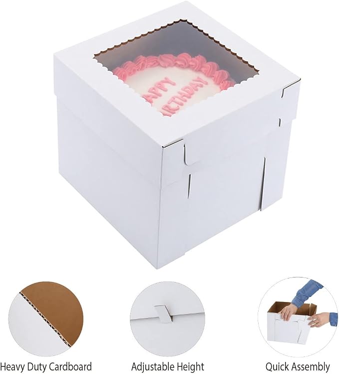 Tall Cake Boxes for Tier Cakes,12x12x12 Inch [10 Pack ] Thick Sturdy Bakery Box with Window,White Wedding Cake Boxes,Layer Cake Carrier,Disposable Cake Containers