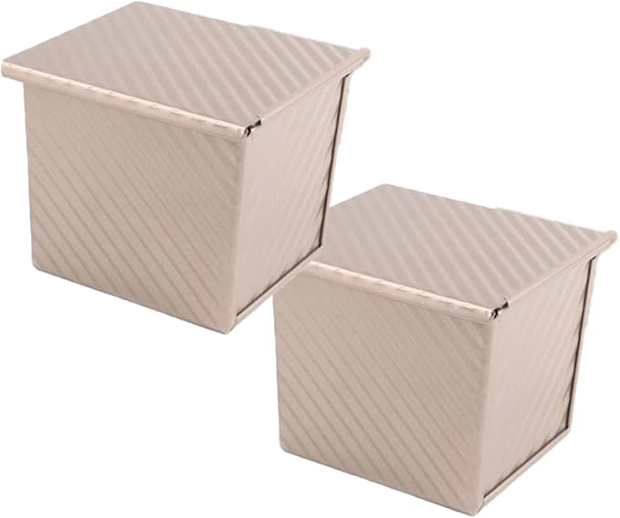 2 mini Pullman bread pans with lids, 0.55Lb non stick rectangular flat toaster box, 3.9x4.7x4.3 inches for oven baking (champagne gold)