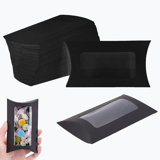 50 Pcs Pillow Gift Boxes with Windows,Kraft Paper Mini Pillow Packaging Box, Creative Favor Box Folding Treat Boxes with Clear Window for Bakery Candy Chocolate Jewelry Display Wedding Party Favor (Black 50)
