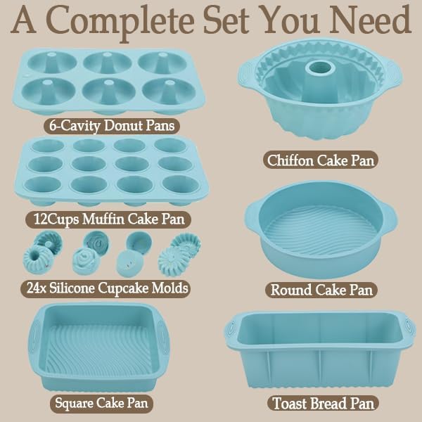 30PCS Nonstick Silicone baking set,Silicone Cake Molds, Baking Sheet, Donut Pan for baking sets with 24 Pack Cupcake Mold Baking Cups