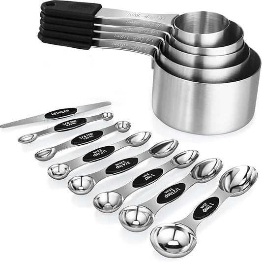 13-Piece All-Magnetic Measuring Cups and Spoons Set, 430 Stainless Steel Metal Measuring Cup and Spoon Set with Silicone Handles & Leveler for Baking Cooking (Black)