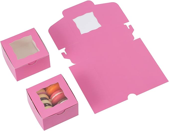 100Pcs Paper Cookie Boxes With Window Small Bakery Boxes 4x4x2.5 Inches Mini Cake Boxes For Pastries,Cupcakes,Desserts,Donuts,Chocolate Strawberries,Candy,Treat Boxes(4 * 4 * 2.5,Pink)