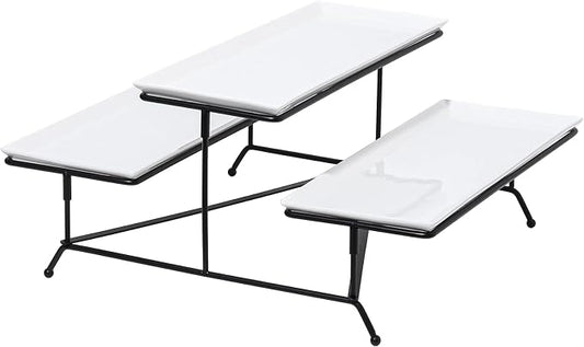 Kanwone 2 Tier Serving Stand With White Porcelain Platters, 14.5" x 6" Tiered Tray for Entertaining Party, Dessert Stand With Black Metal Base