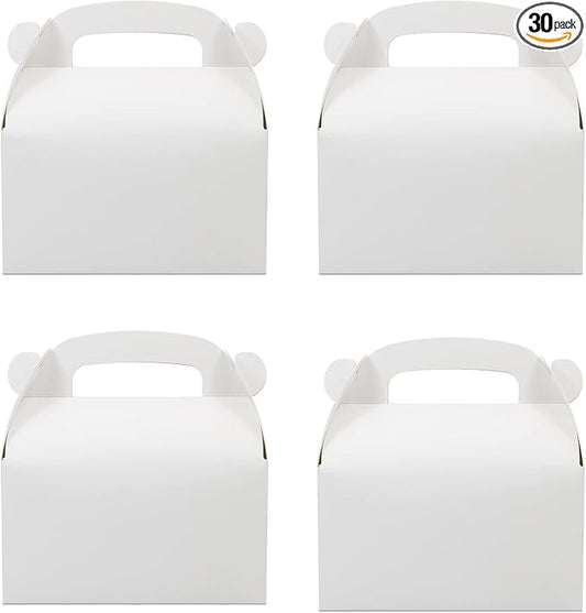 30-Pack White Party Favor Treat Boxes, Goodie Gable Paper Gift Boxes with Handles. Perfect for Wedding, Birthday, Graduation, Babyshower.