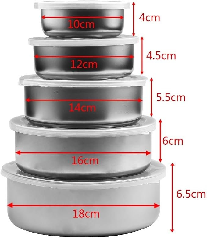 Stainless Steel Mixing Bowls Set with 5 Lids, 5-Piece Nesting Food Storage Containers for Meal Prep and Leftovers, Dishwasher Safe Kitchen Gadgets in Silver, Sizes 10cm to 18cm