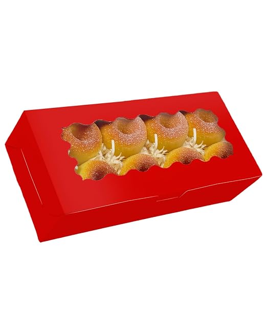qiqee 50 Packs Red Cookie Box with Window 12x5.5x2.5 Inch Two Uses Pastry Biscuit Bakery Box For Packaging