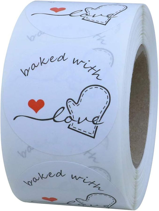 Hybsk Rustic Baked with Love Stickers with Wreath Around 1.5" Inch Round Total 500 Adhesive Labels Per Roll(Glossy)