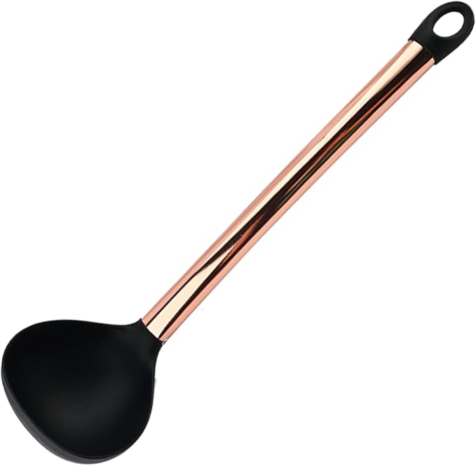 1pc Black & Copper Silicone Soup Ladle Spoon with Stainless Steel Handle, Unbreakable Cooking Serving Spoon Scoop for Cooking Sauce/Stews/Gravies Canning and Pouring