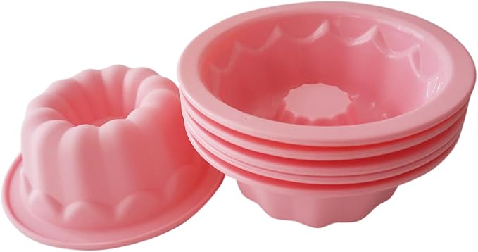 Silicone Small Fluted Cake Pans 4 Inch, Nonstick Baking Mold Pumpkin Shape, Reusable Round Mini Cake Pan Set, Individual Muffin Donut Pan for Cupcake, Jelly, Brownies- 6pcs, Pink