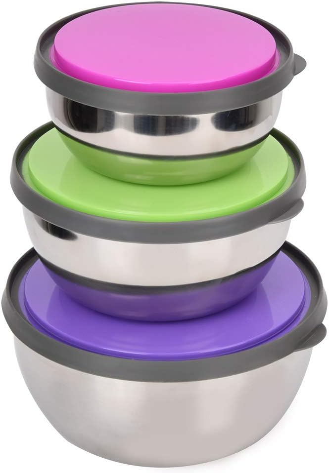 3 Piece Stainless Steel Mixing Bowls Set with Sealing Lids Nested Food Storage Containers 12 14 16 Cm for Cooking Baking Prepping Camping Home Office Lunch