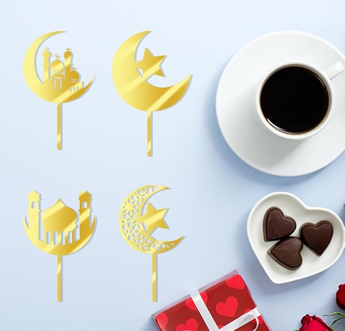 12 piece Acrylic gold Glitter Moon and Star Eid Mubarak cake Topper Ramadan Party Supplies Islamic Muslim Party Decorations