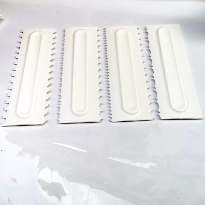 Decorating Comb and Icing Smoother Set of 4 Pack Decorating Mousse Butter Cream Cake Edge Tools, Plastic Sawtooth Cake Scraper Polisher 8 Design Textures-White