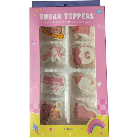 Edible 8pcs Pink Girls Baby Showers Themed Cake Decorations Dessert Sugar Sprinkles Party Cookie DIY Cake Cupcake Topper Icing Frosting Decoration Holiday Supplies