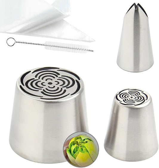 14 PCS Russian Piping Tips Set,Stainless Steel Icing Nozzles for Cake Decorating, Cream Flower Bouquet DIY Cookies, Desserts Baking Tools 1 XXL,1 XL,1 Medium Leaf,10 Piping Bags,1 Brush(S79)