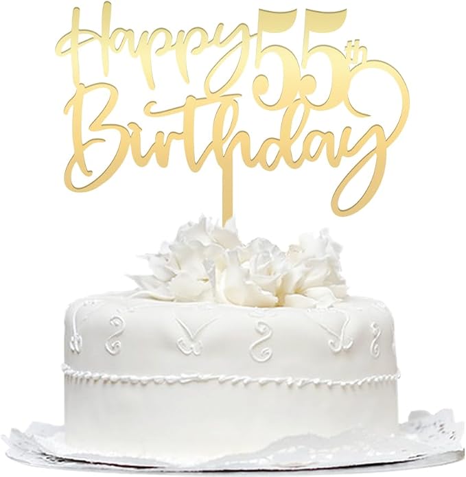 Happy 55th birthday cake Topper,Mirrored Gold Acrylic Durable Cake Topper,55th Birthday Party Cake Decorations,Hello 55th years old, Happy fifty-five years old, Birthday Party Decorations