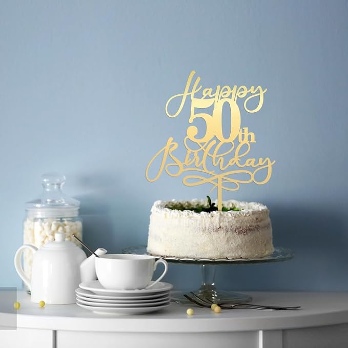 Happy 50th Birthday Cake Topper,Mirrored Gold Acrylic Durable Cake Topper，Hello 50, Cheers to 50 Years/50th Anniversary,50th Birthday Party Cake Decorations，Birthday Party Decorations