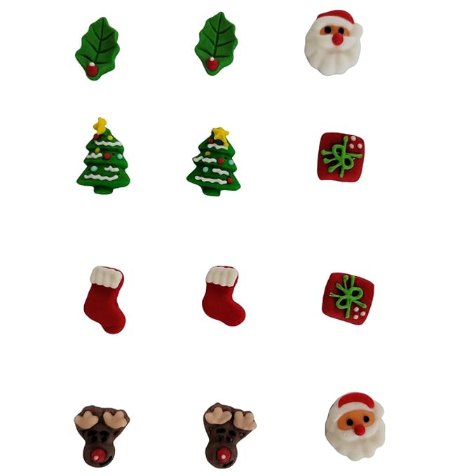 EPHVODI Christmas Cakes Decorations 12pcs Edible Santa Claus Christmas Tree Shaped Hard Sugar Icing Decorations Cupcake Toppers for Baking Cookie Ice Cream Candy Decoration