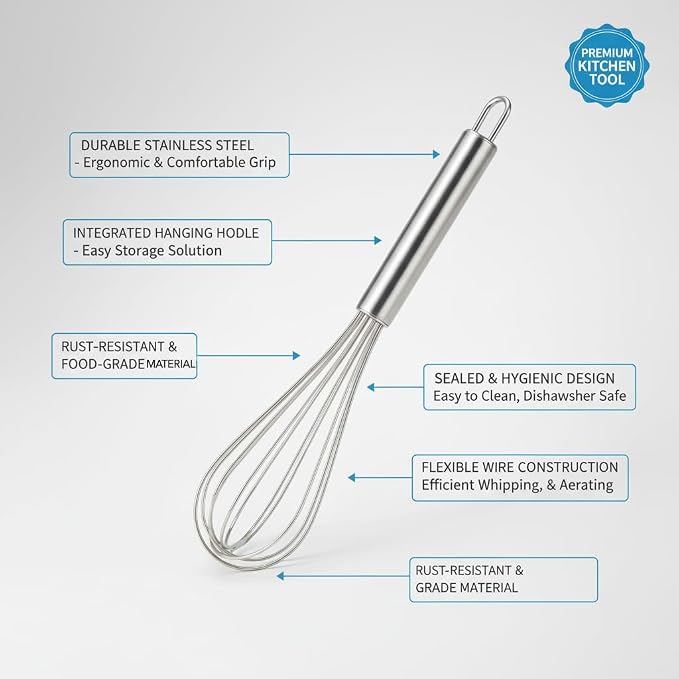 10-Inch Stainless Steel Balloon Whisk – Wire Whip for Cooking, Baking, Blending & Beating – Ergonomic Kitchen Utensil for Eggs, Sauces, Gravy & Batter – Dishwasher Safe & Rust Resistant