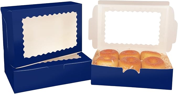 qiqee 50Pcs Deep Blue Cookie Box with Window 9x6x2.5 inch Pastry Macaron Bakery Box For Packaging
