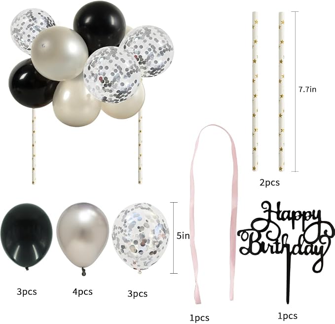 BEISHIDA Happy Birthday Cupcake Toppers - Silver Black Mini Balloon Cloud Birthday Cake Decorations for Boys Men Party Decorations(The product is for ages 18 and up only)