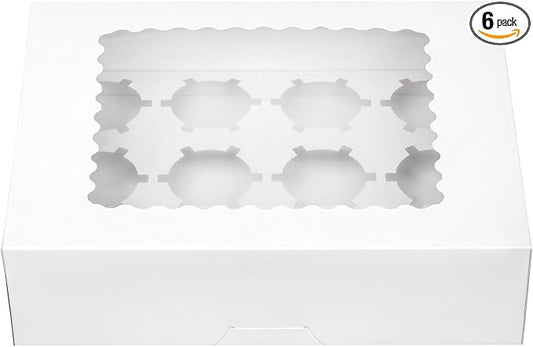 Pre-folded 12 count Cupcake Boxes, 6-Set Cupcake Container with Window Transport Holders Holding 72 pastry Box for Birthday, Holiday, Party Bakery Supplies 12.8" x 9.8" x 3.54" (White-6 Pack)
