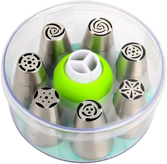 7 Pieces Stainless Steel Small Cake Decorating Russian Tulip Flower Icing Tips Kit with 1pcs Tri-Colors Coupler, Cupcake Decorations Set, Pastry Baking Tools,Plastic Box Package