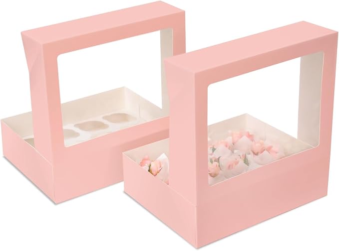 Bakepacker Auto-pop Up Cupcake Boxes with Window Pink 40PCS 12 Count Cupcake Box 13"x10"x3.5" Cupcakes Carrier, 12 Cupcake Containers with 2 rolls of pink ribbons