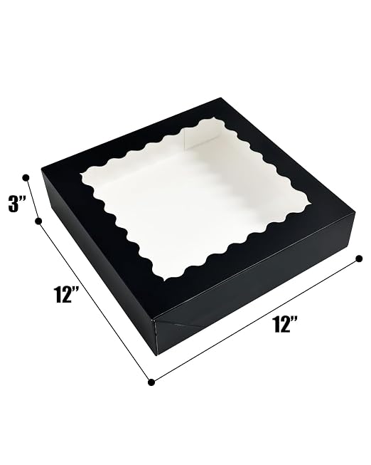 Bakepacker 20pcs Black Pie Boxes 12x12x3 inches Easy Assemble Macaroon Cookie Boxes Bakery Boxes with Window for Bakery (Auto-pop Up)