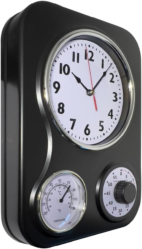 Lily's Home - 9 Inch x 12.5 Inch - Retro Kitchen Wall Clock, Vintage Wall Clock with a Thermometer and 60-Minute Timer, Ideal for Any Kitchen, Office, or Diner (Black)
