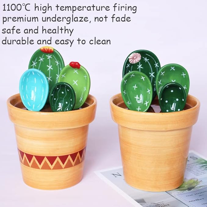 Cactus Measuring Spoons Set in Pot Ceramic Cute Measuring Cups and Spoons Unique Baking Gifts for Dry Wet Ingredients Dishwasher Safe 1 Tbsp 1 TSP 1/2 TSP 1/4 TSP 1 Cup Blue