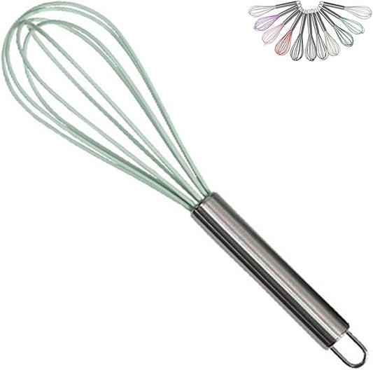 1-Piece Light Green Silicone Whisk with Stainless Steel Handle BRIIEC 10-inch Egg Beater Milk Beater Balloon Whisk Manual Baking Tool for Blending Stirring Whisking and Beating