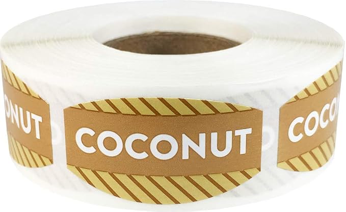 Coconut Grocery Store Food Labels .75 x 1.375 Inch Oval Shape 500 Total Adhesive Stickers