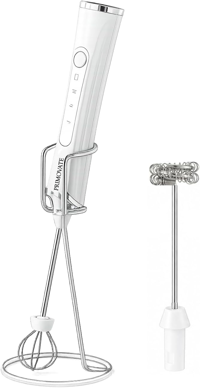 Rechargeable Milk Frother Handheld, Electric Coffee Frother with 2 Whisk, 3-Speed Powerful Drink Mixer, USB-C, Milk Foamer for Coffee,Latte,Cappuccino,Matcha & HotChocolate(White + Stand)