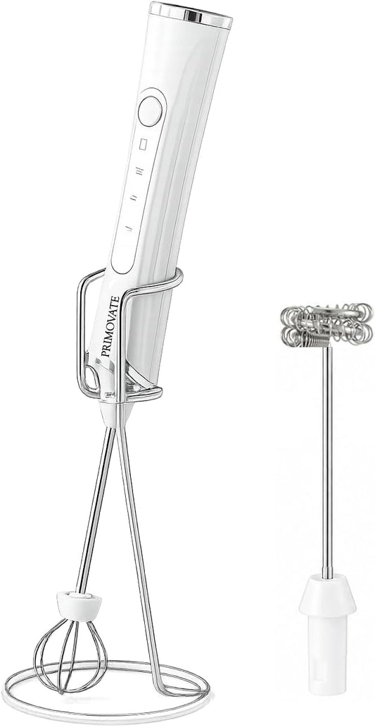 Rechargeable Milk Frother Handheld, Electric Coffee Frother with 2 Whisk, 3-Speed Powerful Drink Mixer, USB-C, Milk Foamer for Coffee,Latte,Cappuccino,Matcha & HotChocolate(White + Stand)