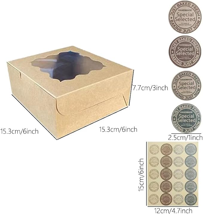 50Pcs (6x6x3 in) Mini Cake Boxes with Display Window for Gift Giving, Bakesale, Cupcakes, Dessert, Cookies, Pie, Macaroons, Donuts, Pastry, Kraft Paper Material… (50Pcs kraft)