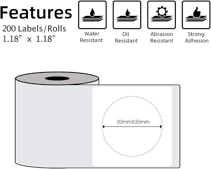 Phomemo Multi-Purpose Self-Adhesive Round Circle Label for Phomemo M110/M110S/M120/M200/M220 Label Maker, 1.18'' x 1.18'' (30x30 mm) Thermal Labels for Barcode, DIY Logo Design, Black on White