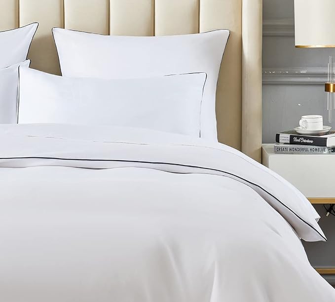 DAUAOTO King Size Duvet Cover Set, White Microfiber Bedding with Contrasted Navy Piping, 1 104"X90" Duvet Cover + 2 20"X36" Shams