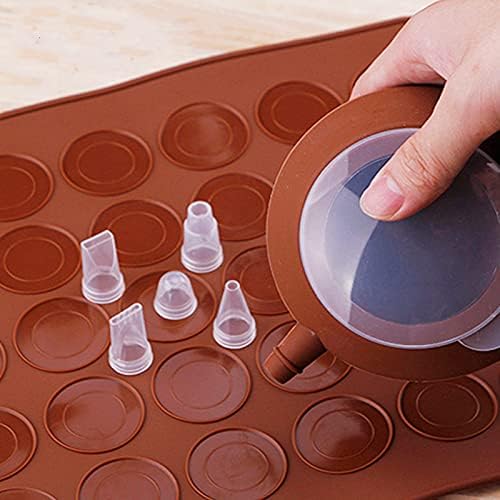 Food Grade Silicone Brown color Macaron Baking Kit Tray Set w. Piping Pot 4 types of nozzles & 1 Cleaning Scrubbing pad non stick reusable Macaroon Baking Supplies