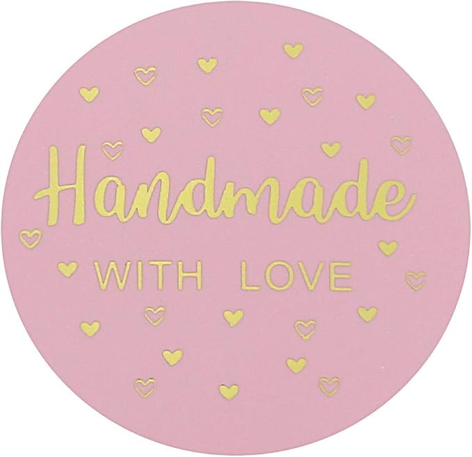 Yoption 1.5 Inch Round Handmade with Love Stickers Pink for Packaging, Cookie Bags, Small Shop Local Handmade, 500 Labels per Roll