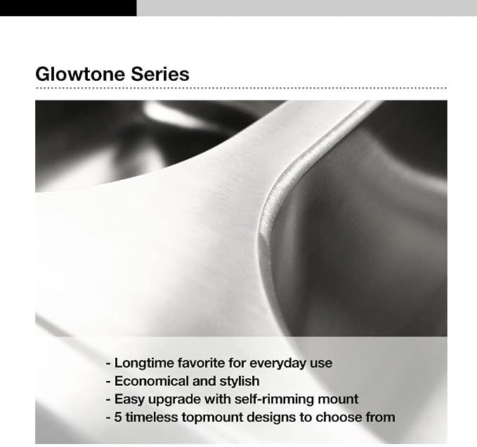 Houzer ISL-3322BS3-1 Glowtone Stainless Steel Kitchen Sink, Topmount, 60/40 Double Bowl Kitchen Sink, 3-hole, Cabinet Compatibility, Satin Finish